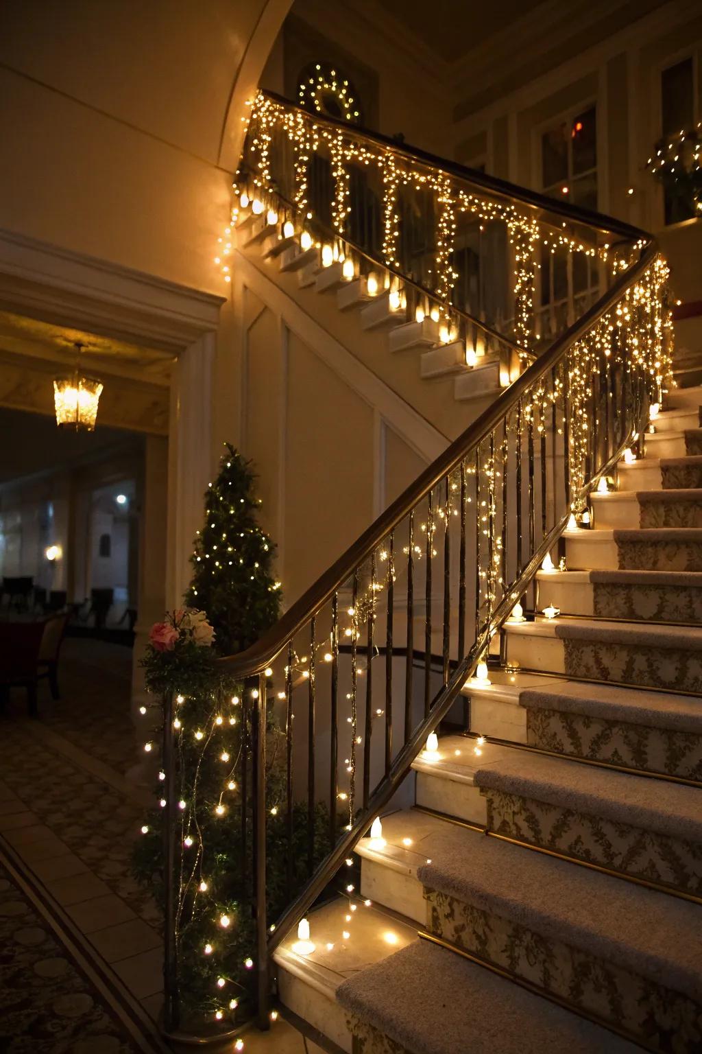 Twinkling lights turn this stairway into an enchanted evening setting.
