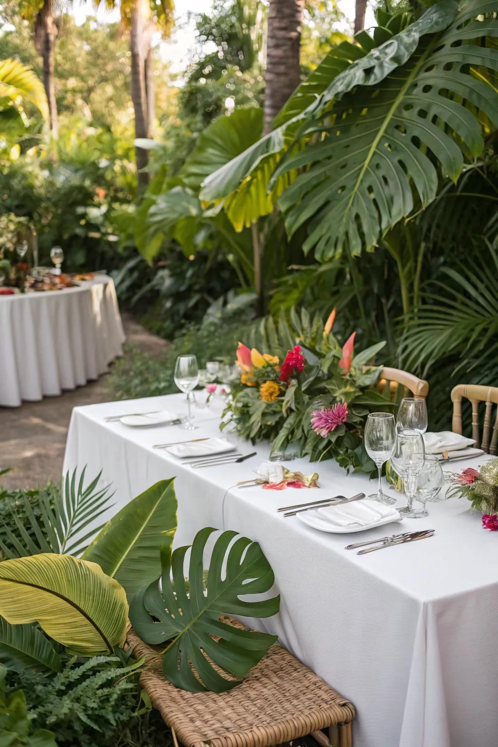 Tropical fronds contribute an exotic and vibrant detail to summer weddings.