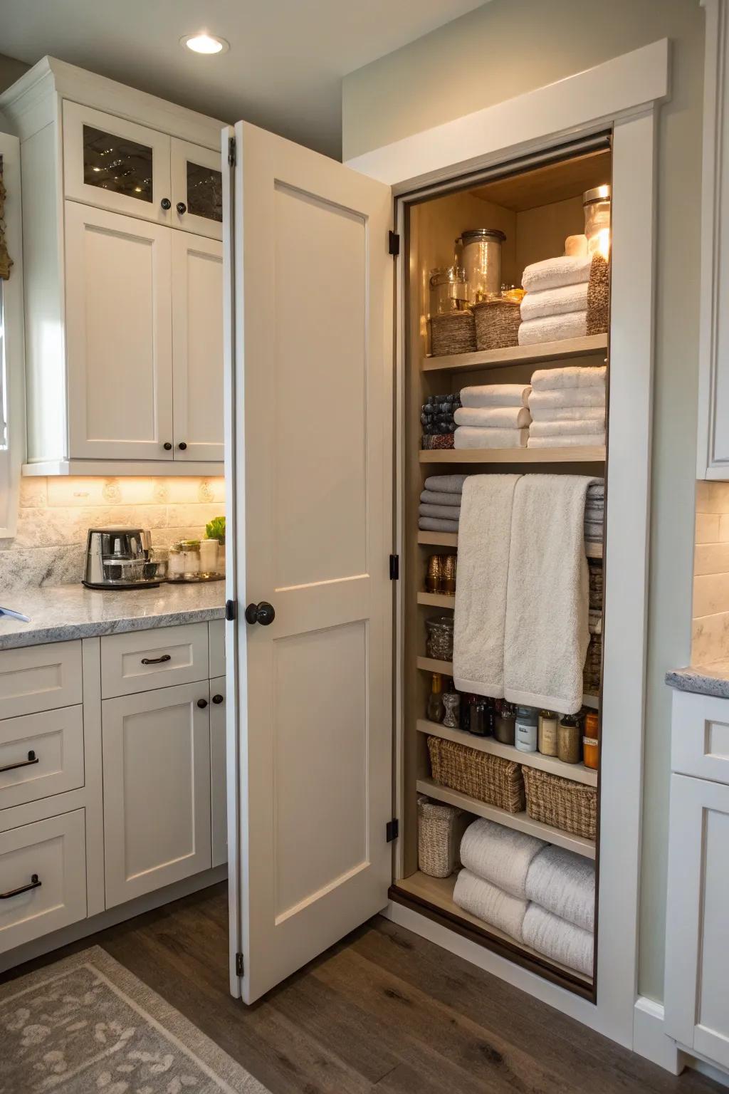 Stow towels inside the storage chamber panel for a concealed and structured answer.