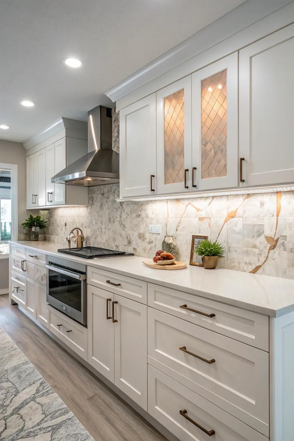 Stone composite backsplash showing subtle color variations for added depth.