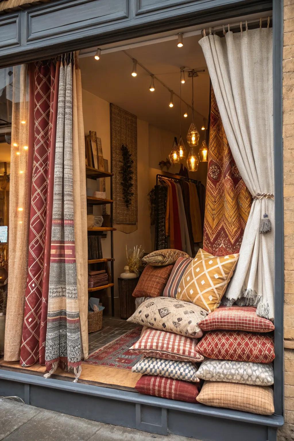 Layered fabrics contribute depth and warmth to this window display.