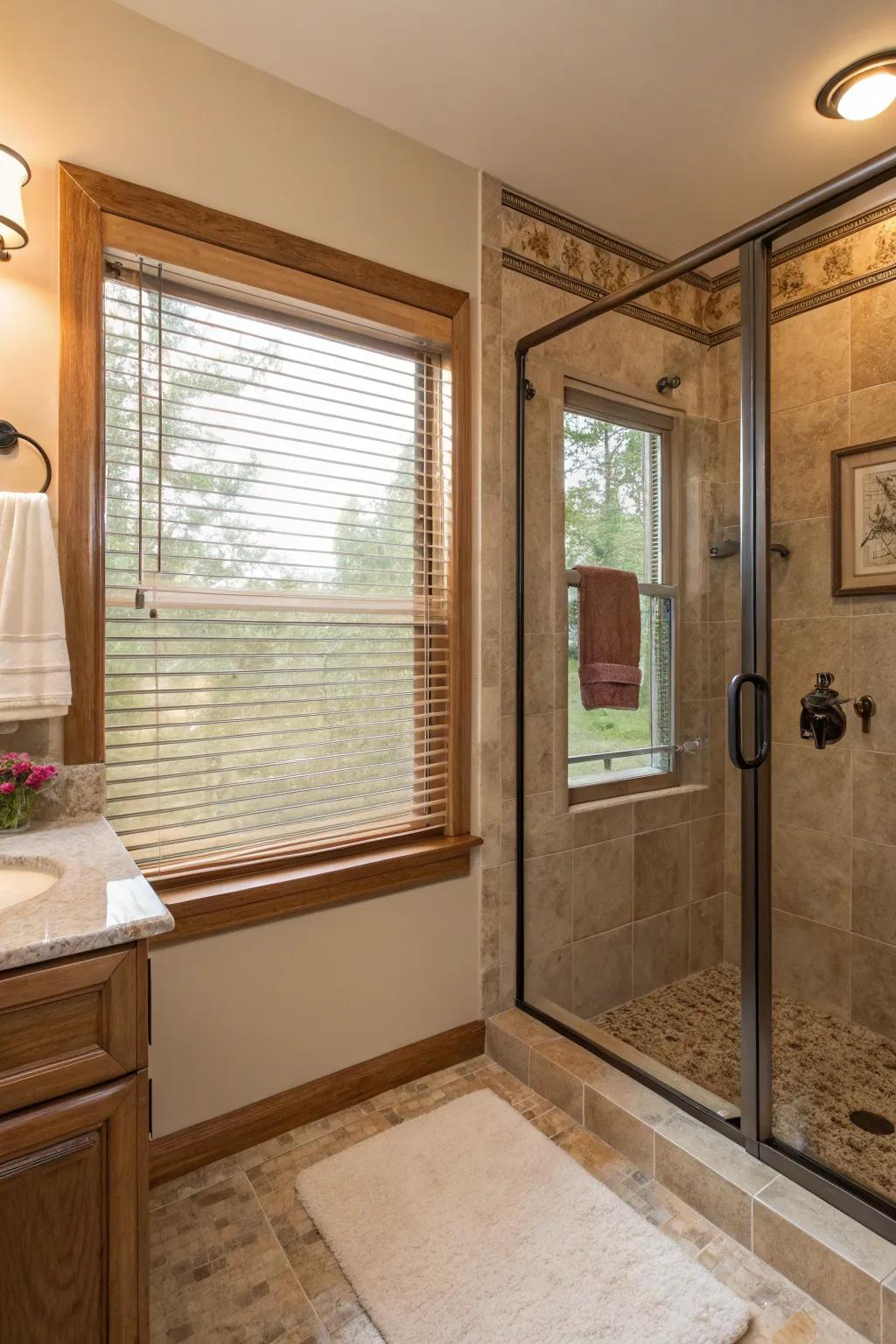 Interior awnings yield adjustable light regulation and privacy for the shower window.