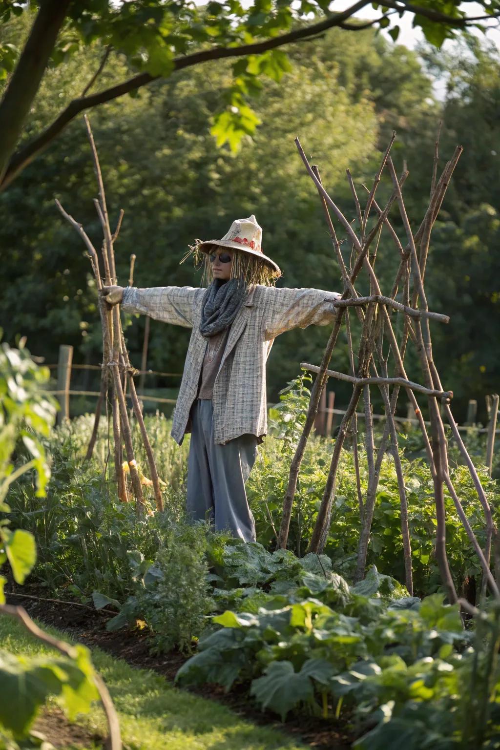 A nature devotee scarecrow merging with the environment.