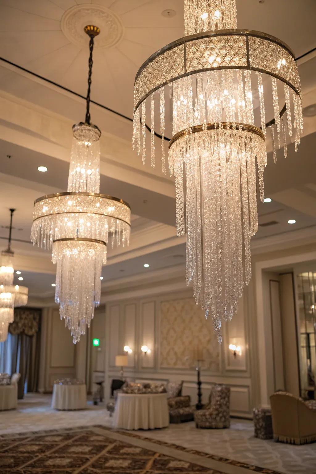 Icy chandeliers incorporate dramatic, elegant illumination.