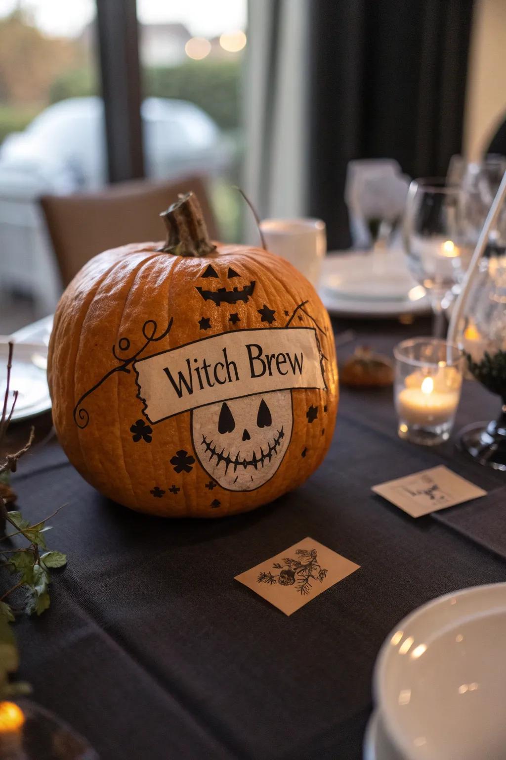 Jack-o'-lantern adorned through creative enchantress's elixir labels.