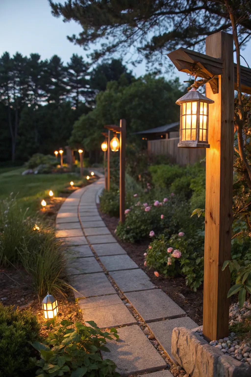 Illuminate your garden using timber lamps.