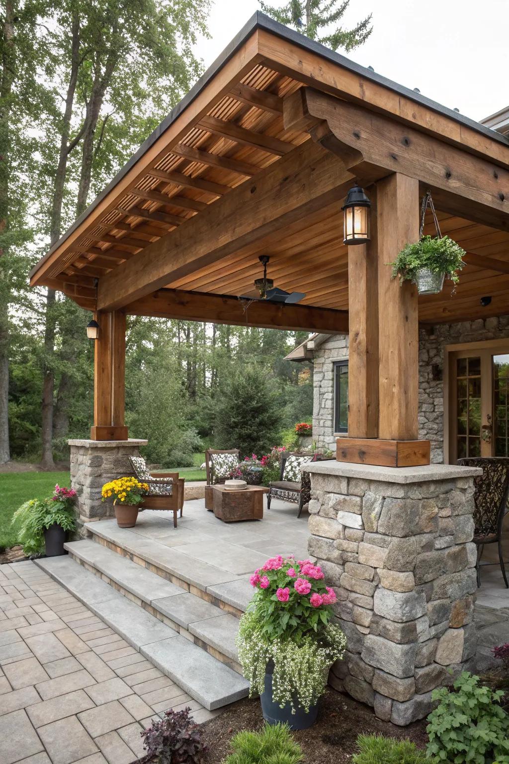 A rugged patio roof blending stone and timber.