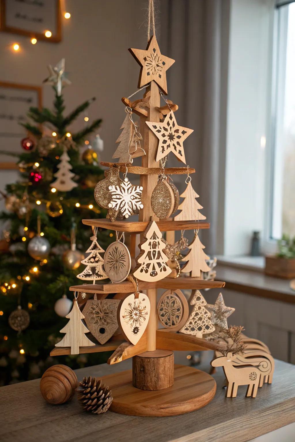 A whimsical tree embellished with captivating wood carvings.