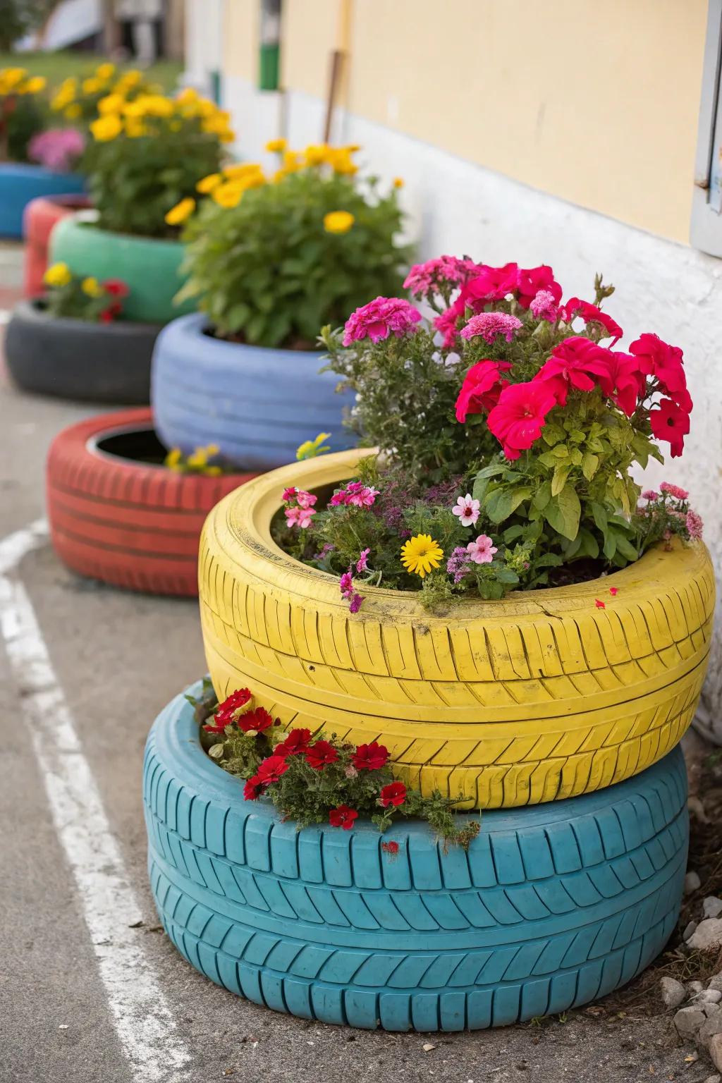 Old rims are reborn as colorful garden planters.