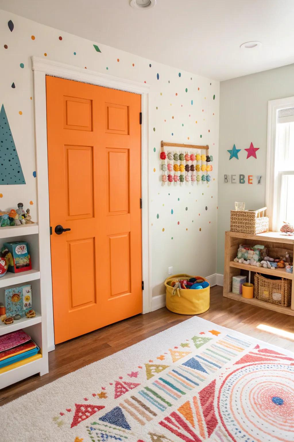 An orange 6-panel door adds energy to any lively playroom.