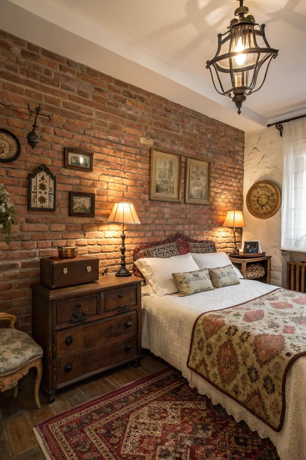 A stone accent wall adds old charm and heat to the room.
