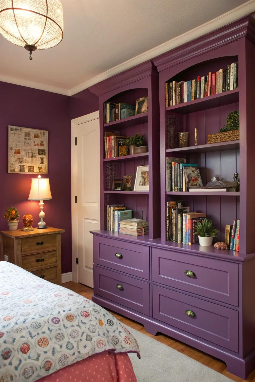 Append a burst of color with violet book shelves.