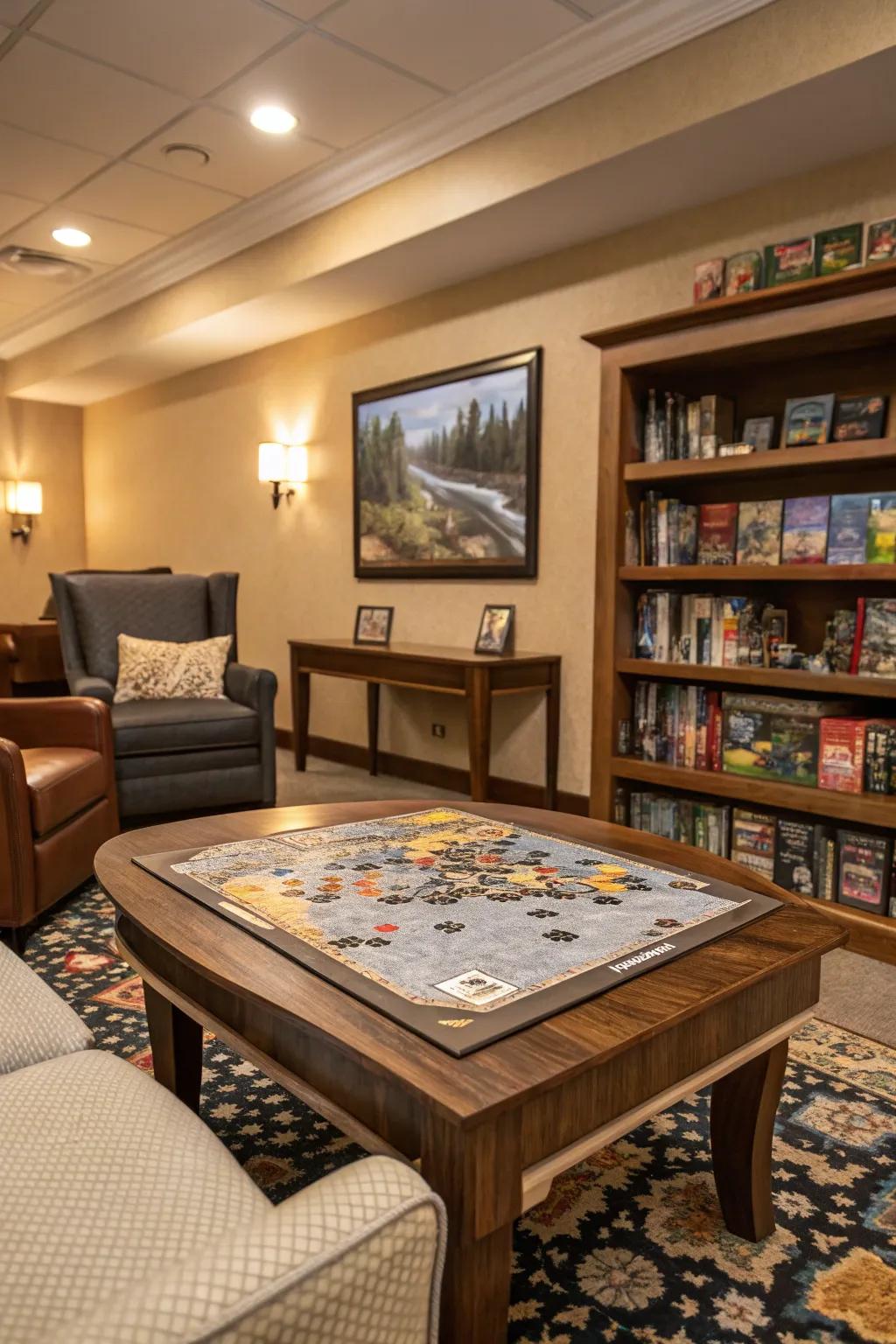 A puzzle center enriches your gaming area with a relaxing and mentally stimulating activity.