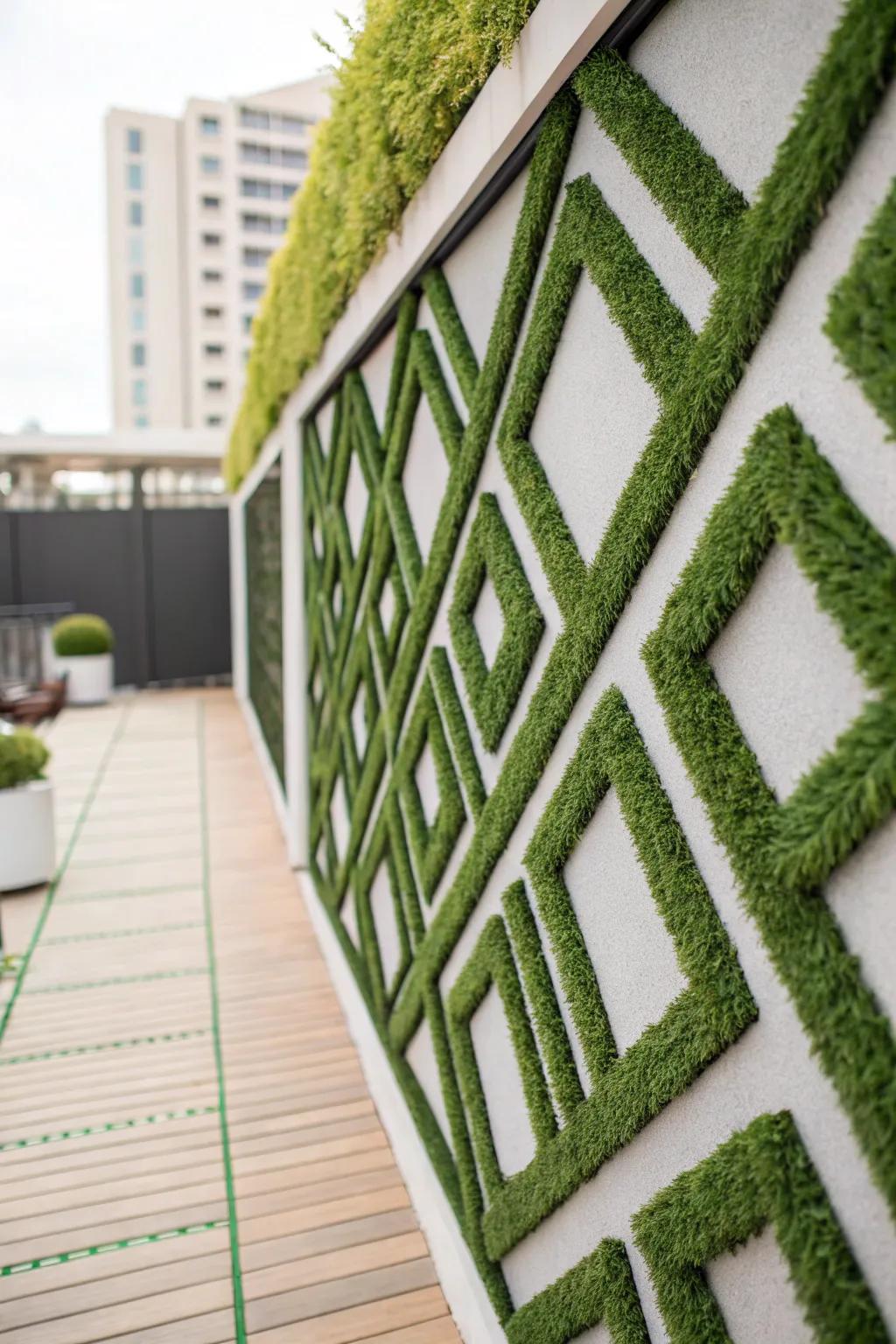 A wall showing a bold geometric pattern made from artificial grass for a unique artistic touch.