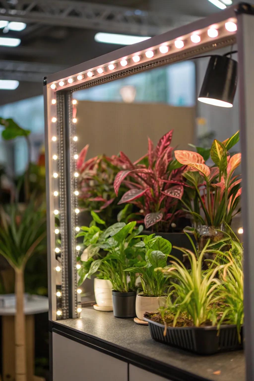 Mirrored grow light panels, augmenting light scattering and perceived space.