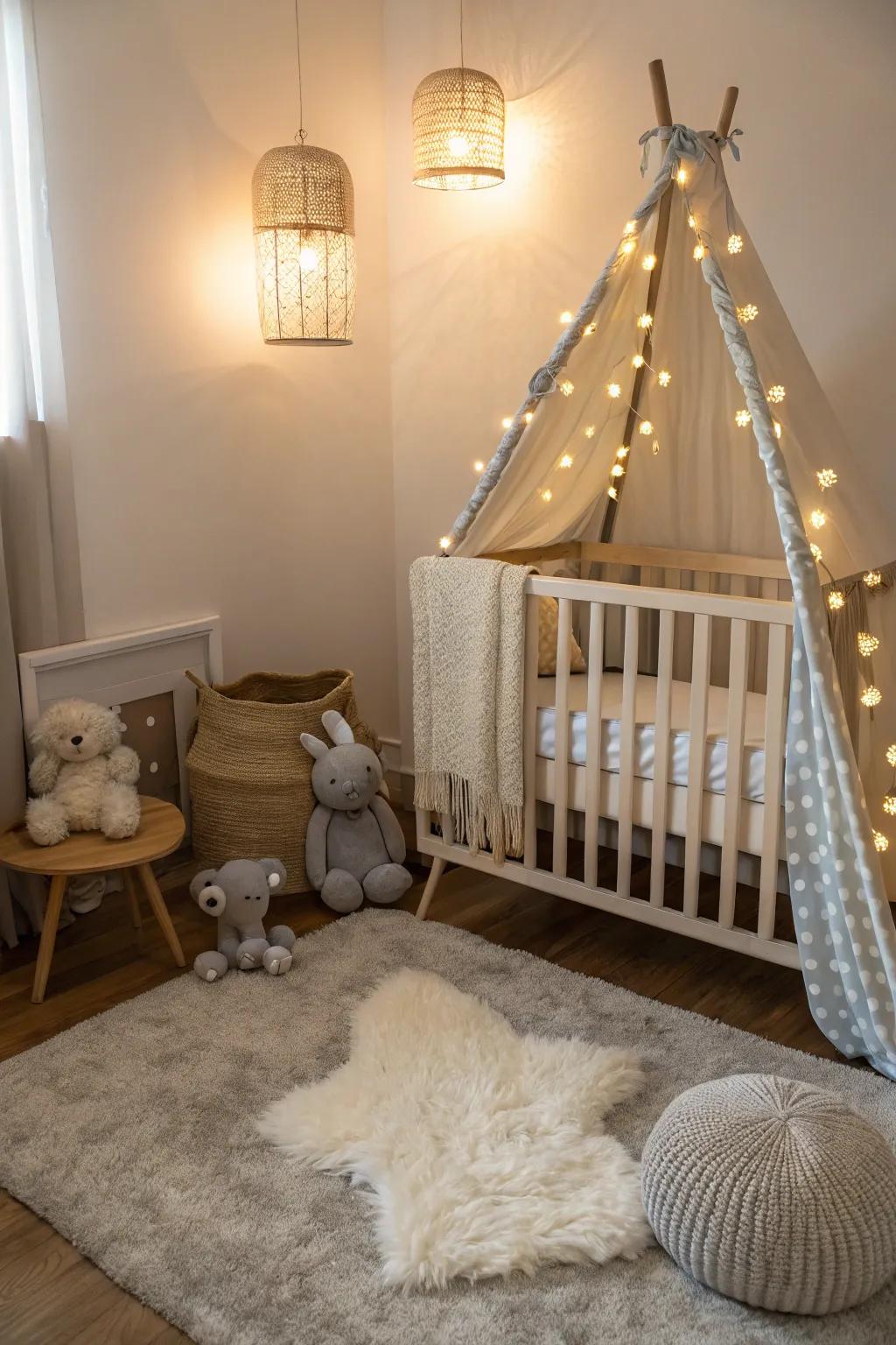 Soft lights enhance the cozy and calming atmosphere of a nursery nook.