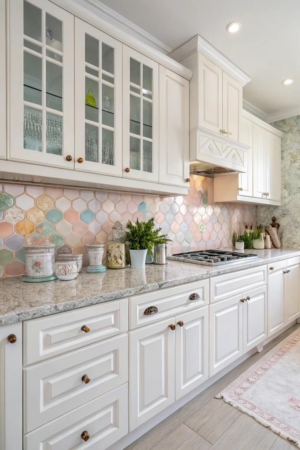 Pastel hues introduce a gentle and placid iridescence to the cooking area's environment.