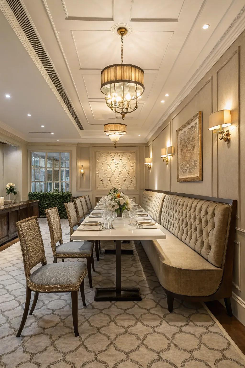 A refined dining area features symmetrical seating maximizing space.