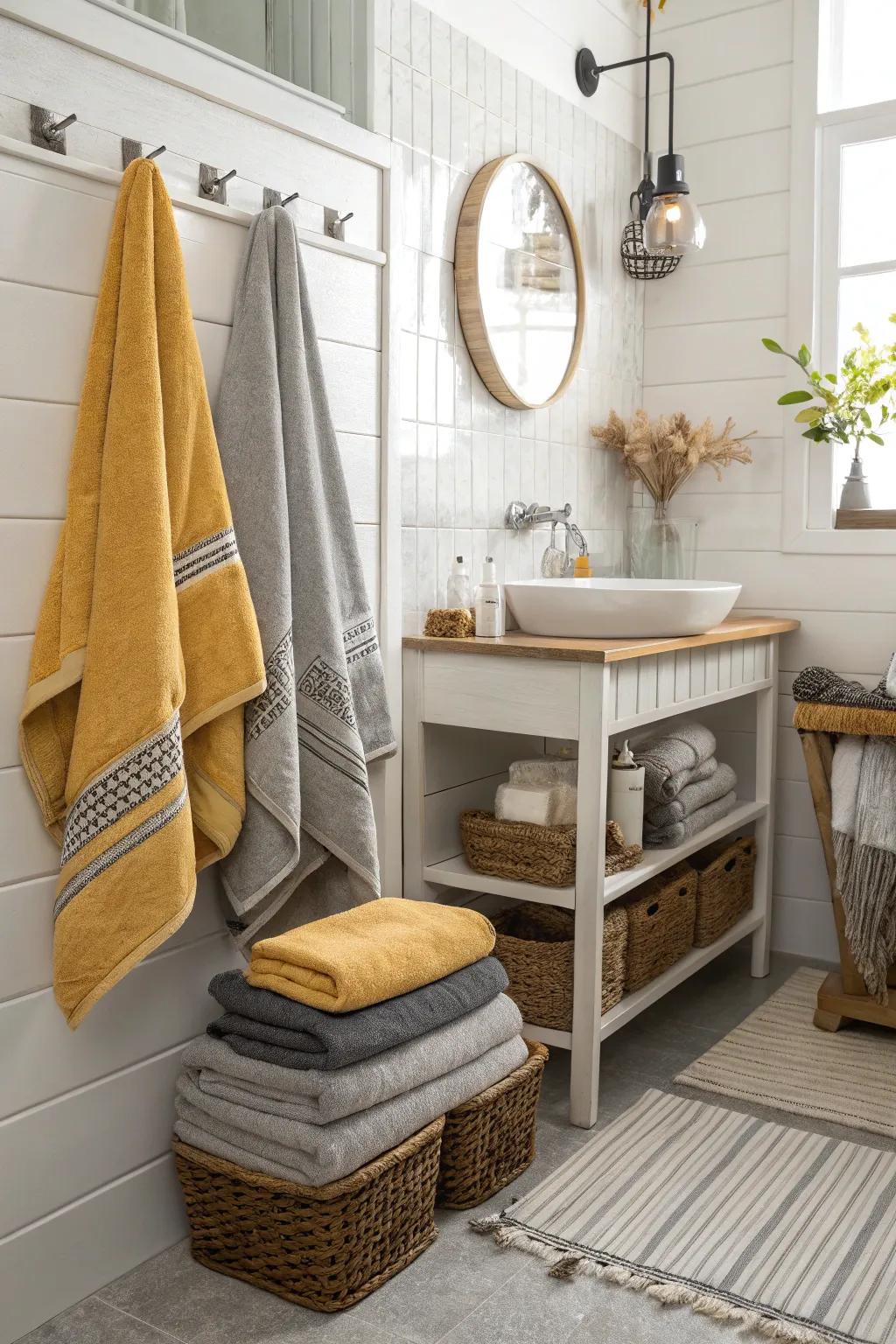 Saffron and ash cloths offer warmth and depth.