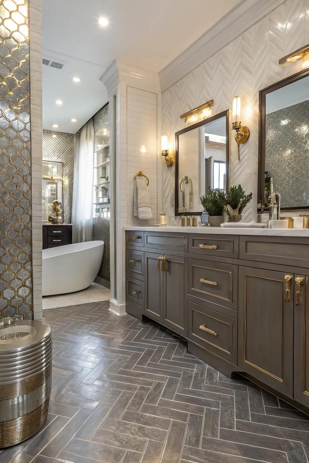 Metallic-accented floor covering adds a touch of glamour to this luxurious bathroom.