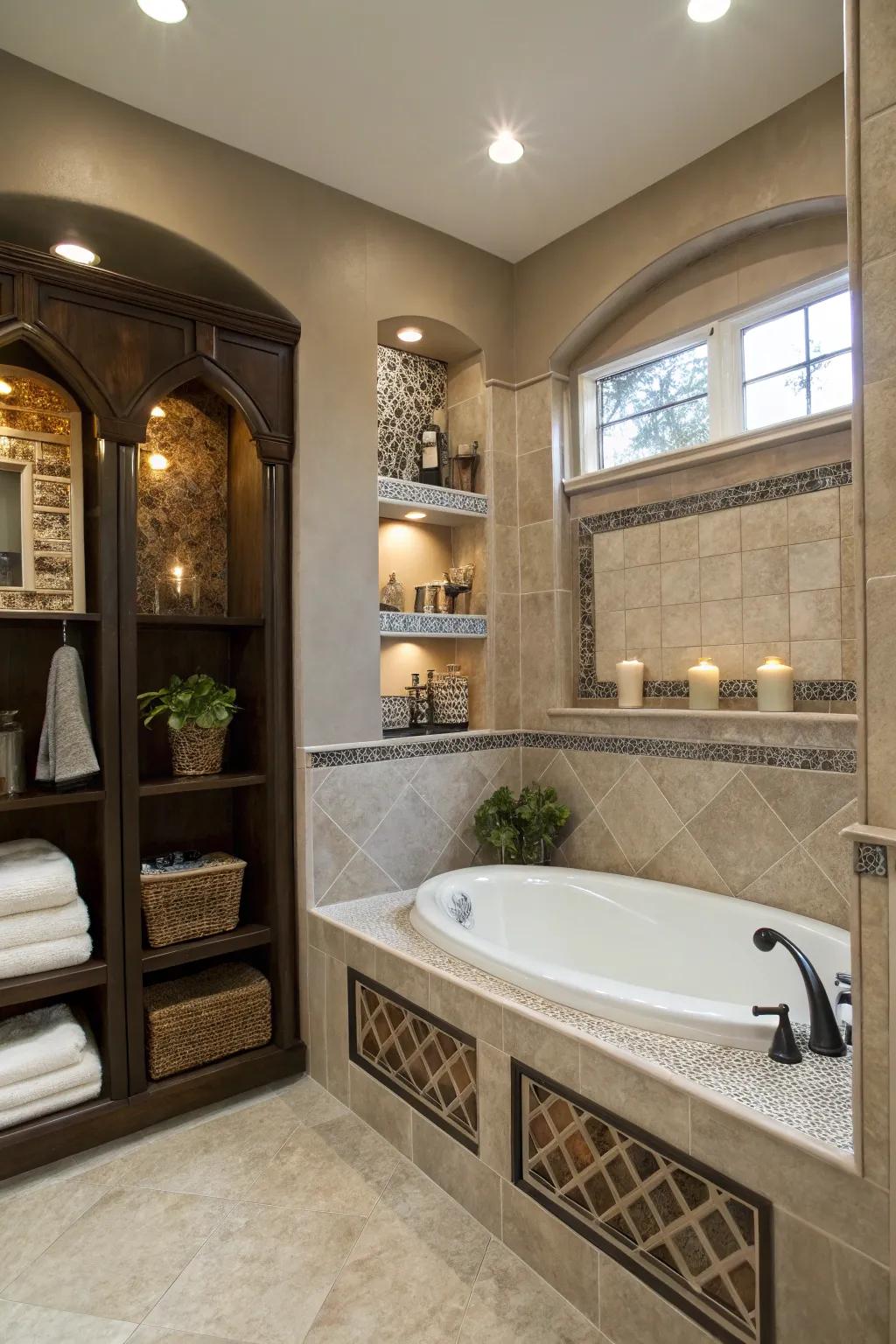Artistic niches add elegance and practicality to your bathtub area.