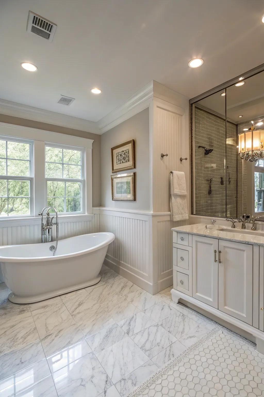 A luxurious master bath with elegant planking paneling.