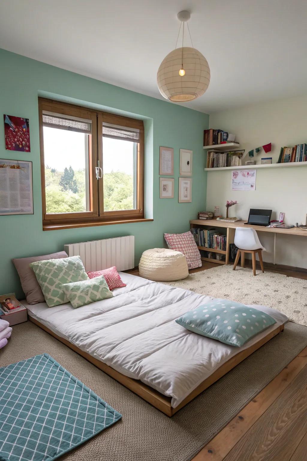 Appreciate the versatility of a floor bed situated within a flexible layout.