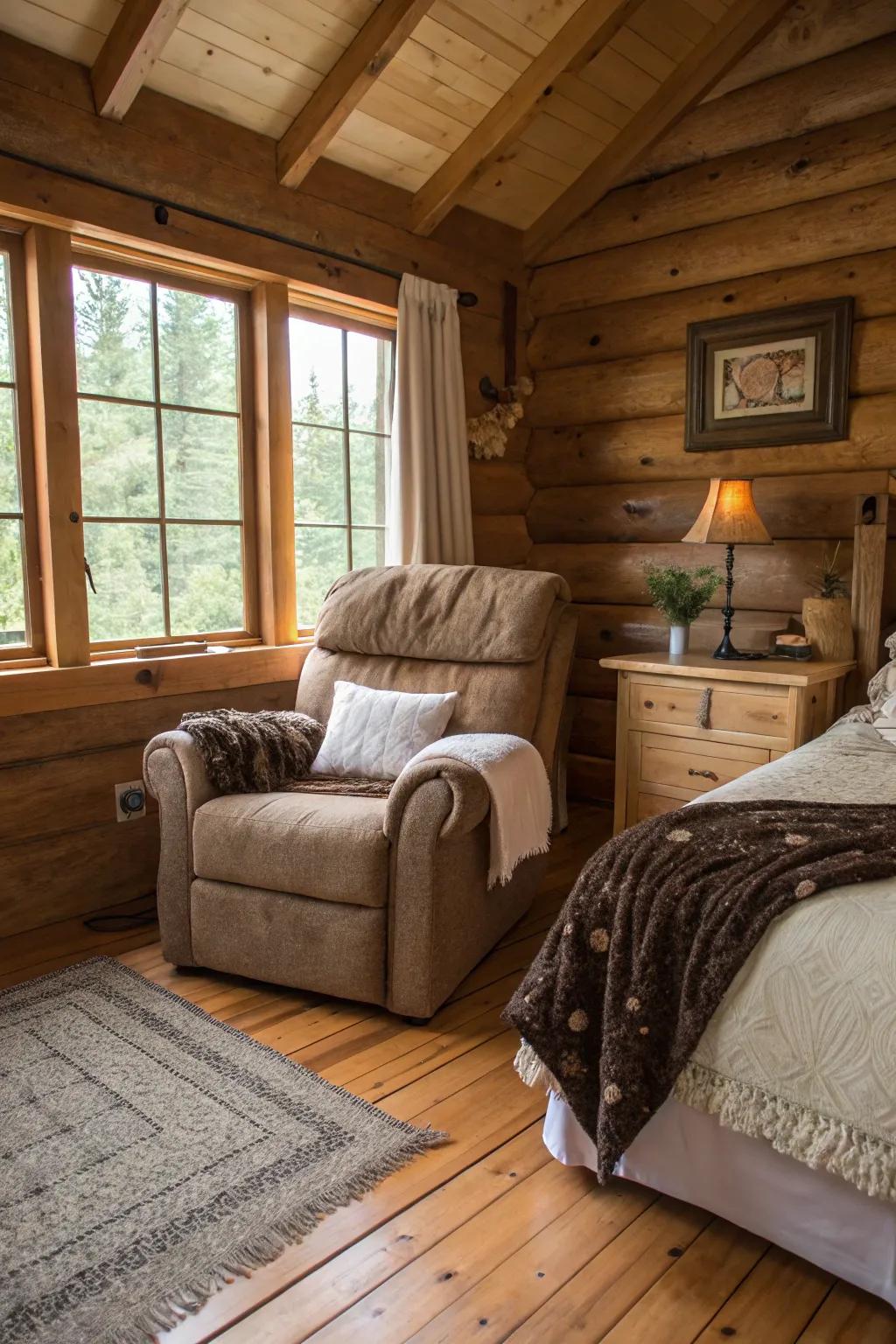An earthy recliner in a sleeping quarters, creating a cozy and inviting escape.