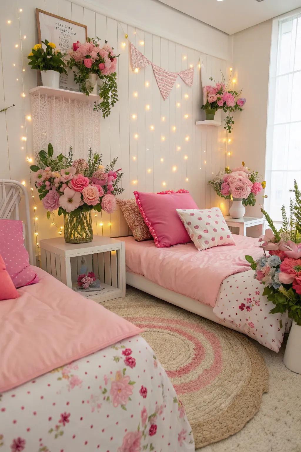 Fun girlie touches like pink cushions and flora sets add a womanly touch to this bedroom.