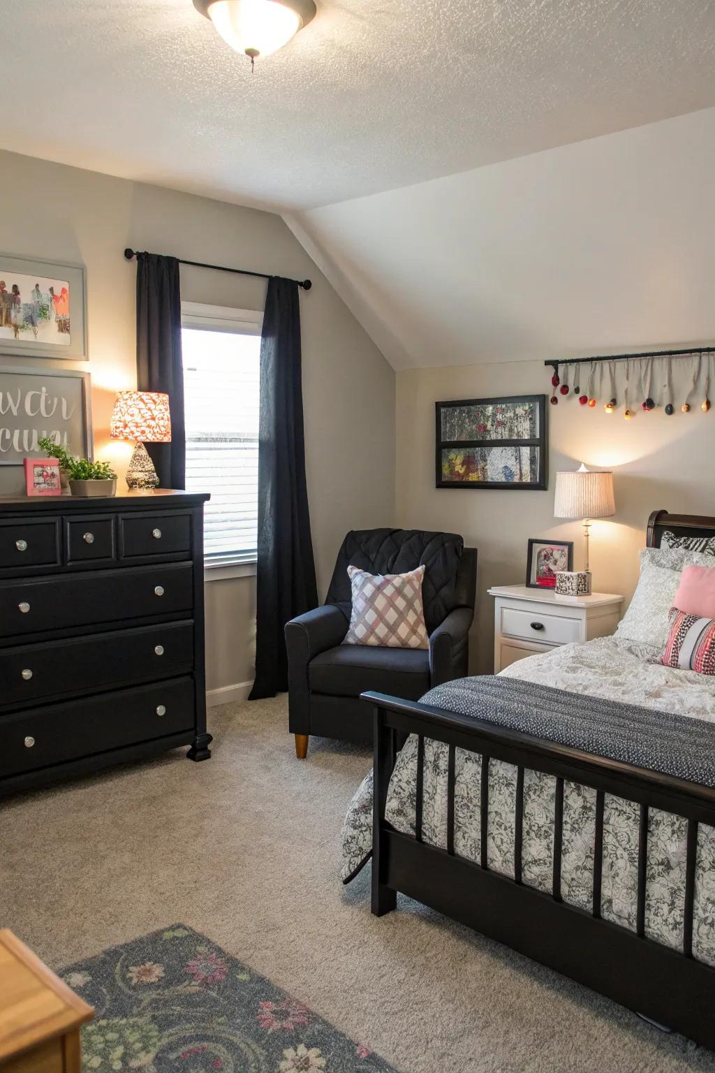 A cozy nook offers a personal retreat within a bedroom featuring bold black furniture.