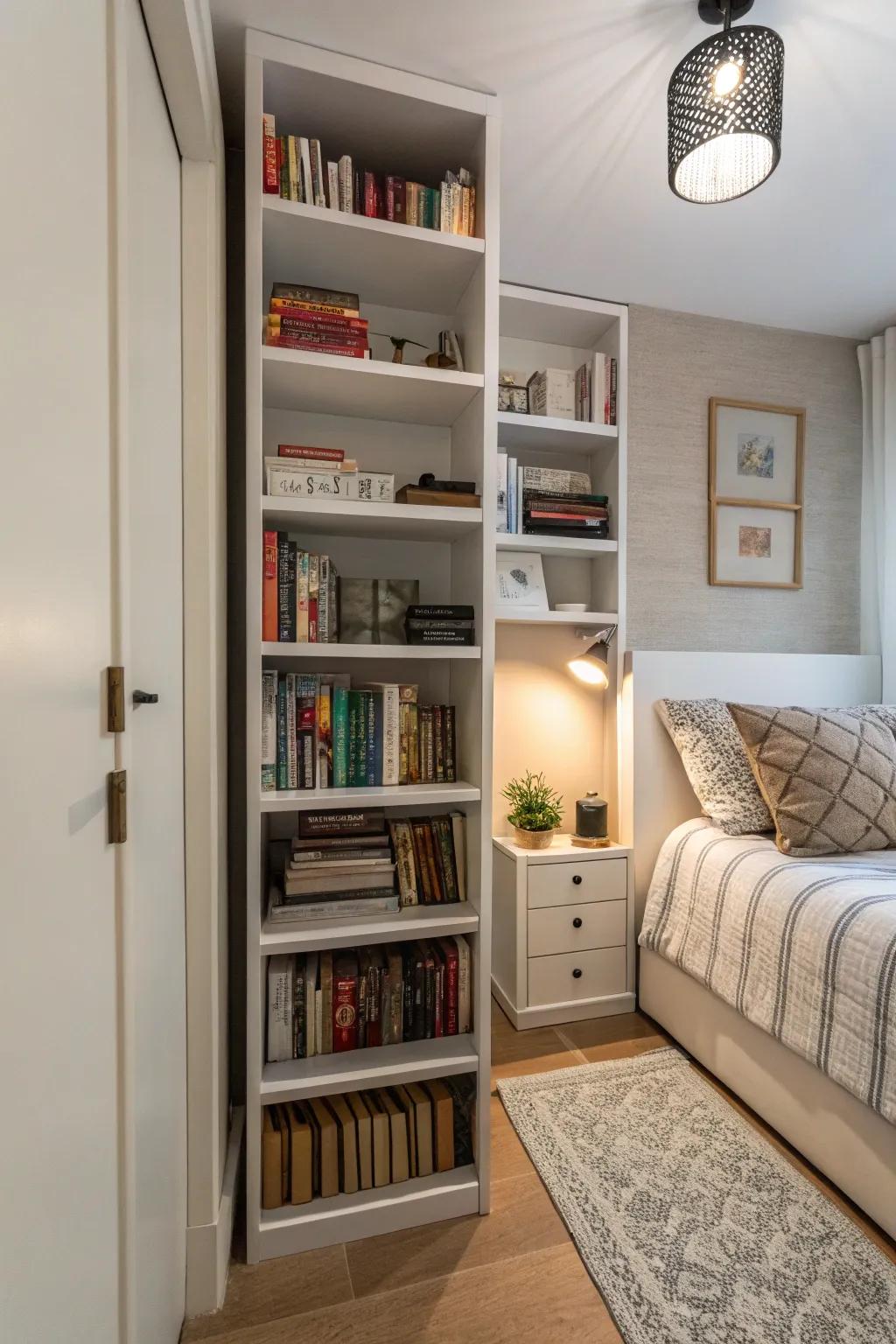 Tall shelves maximize vertical space in compact bedrooms.