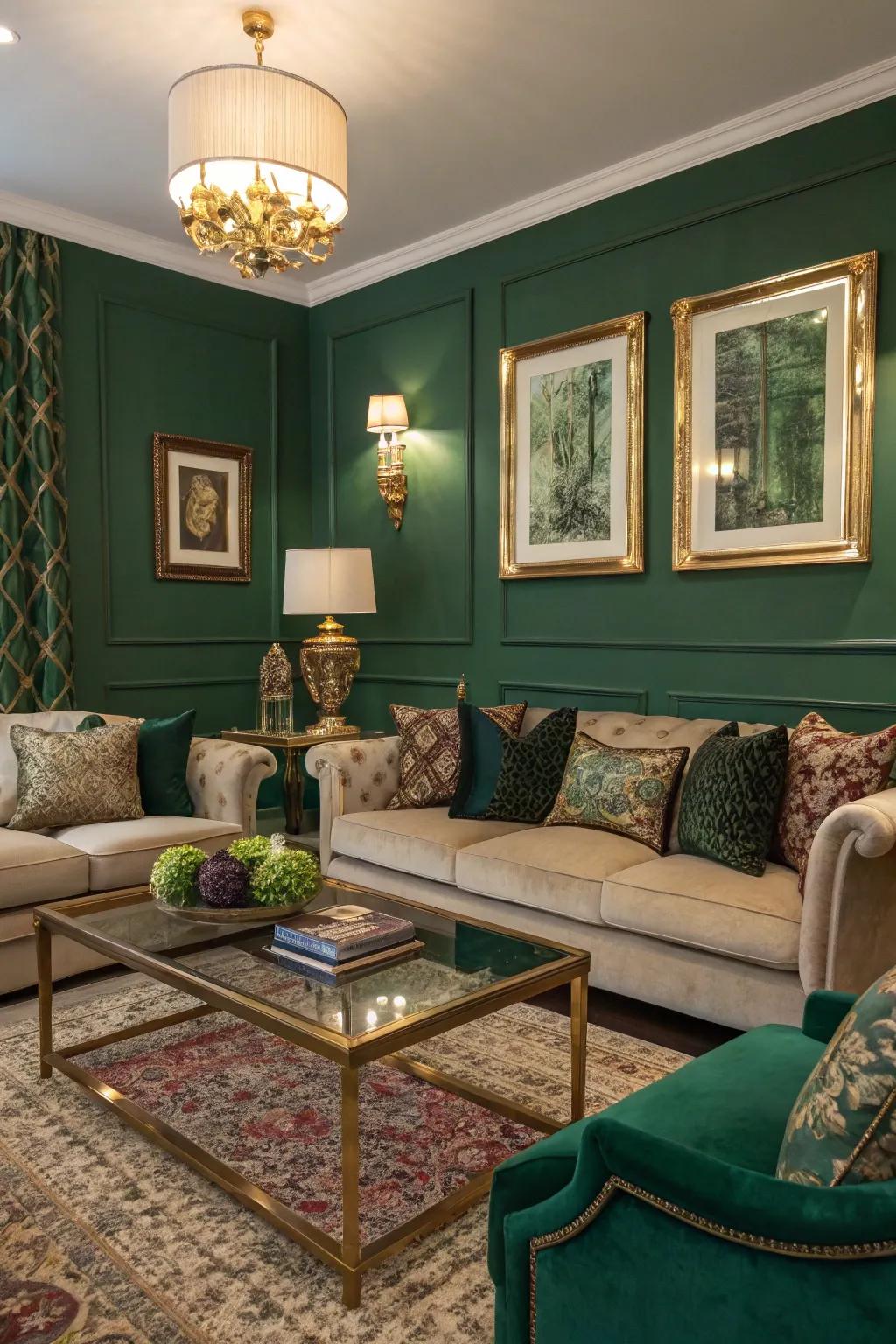 Emerald green walls create a luxurious and opulent environment.