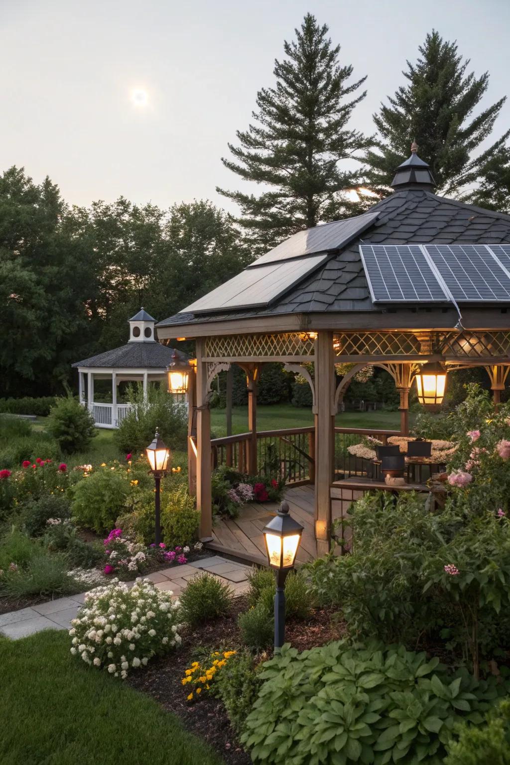 Solar panels furnish eco-friendly power for sustainable lighting.