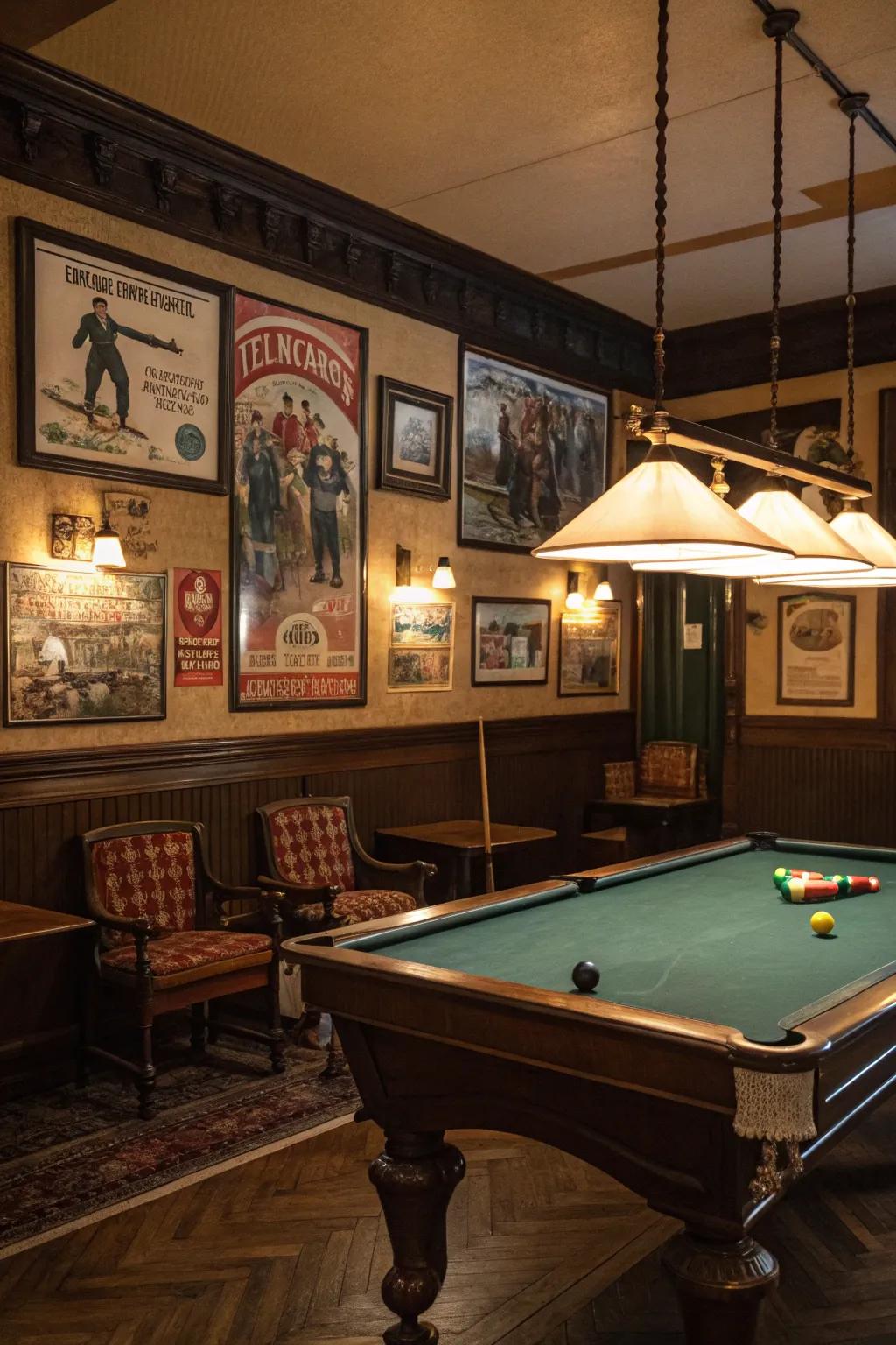 Sentimental decor transports you back in time within your billiard hall.