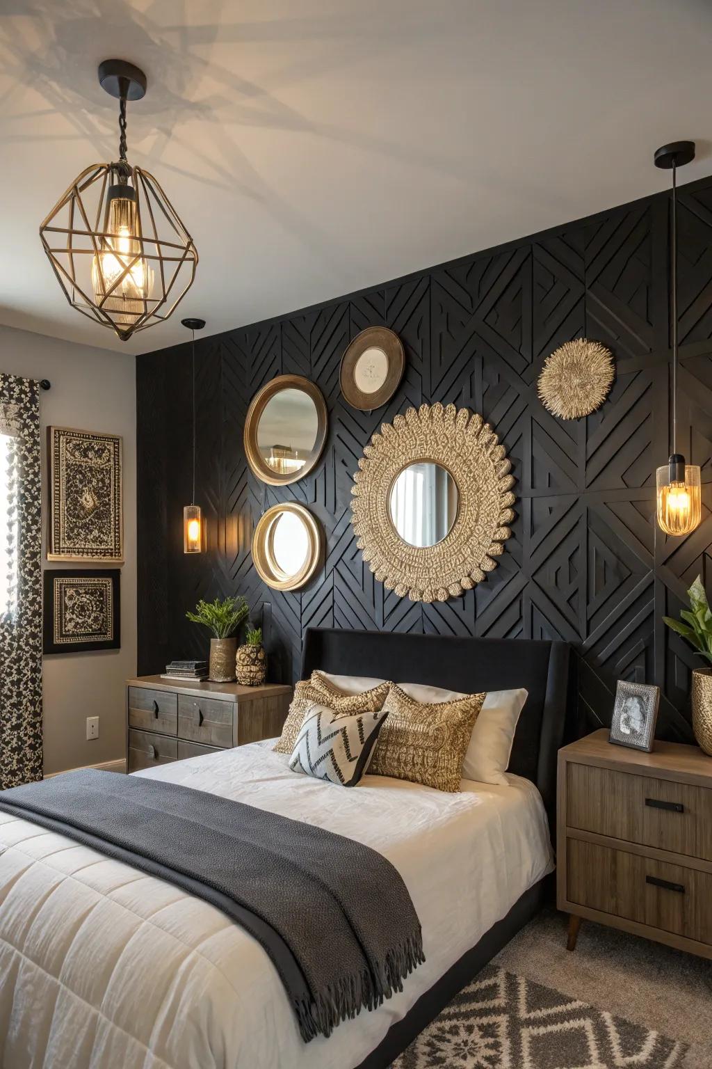 Layered decor elements create visual interest on a black accent wall.
