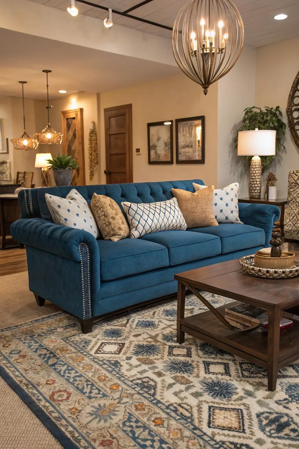 Noteworthy furniture enhances and elevates a cerulean sofa design.