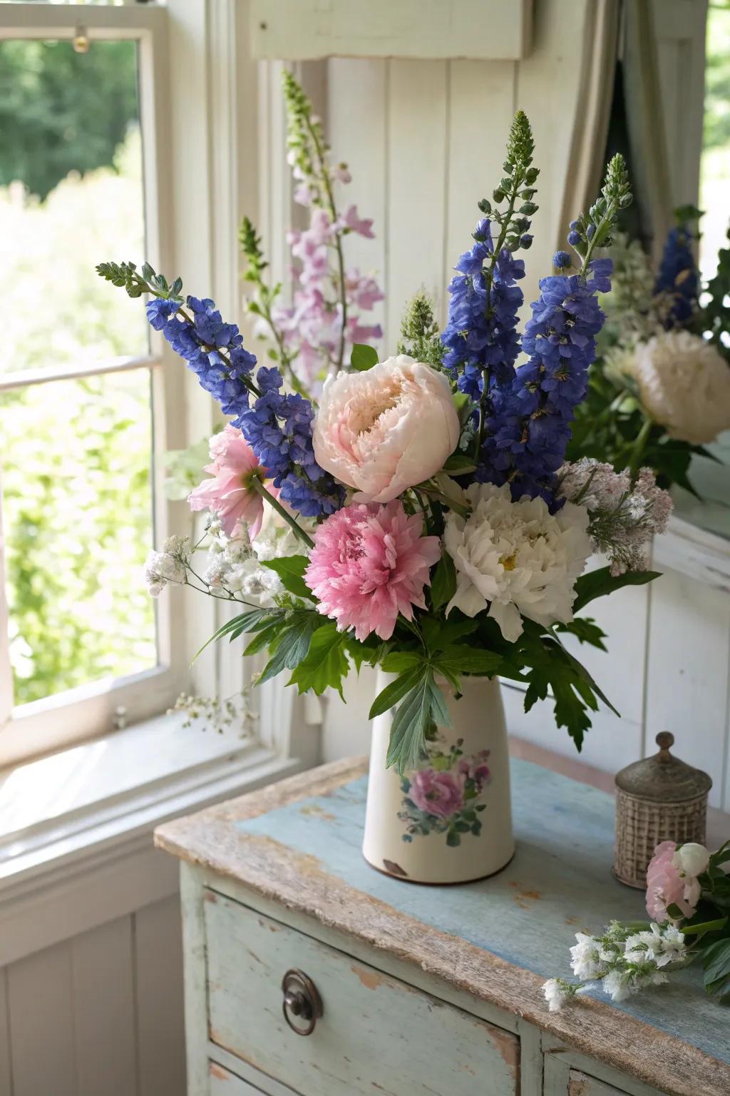 Cottage garden arrangement with old-world charm.