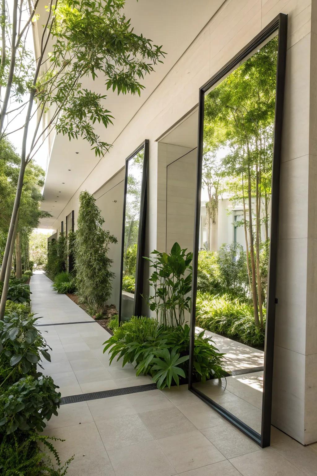 Reflective mirrors that enhance the breezeway's sense of space and light.