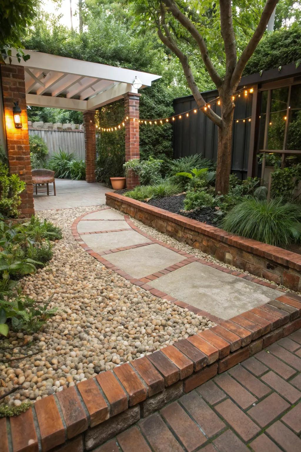 Pebbled ground cover with rock borders offers natural beauty and low maintenance.