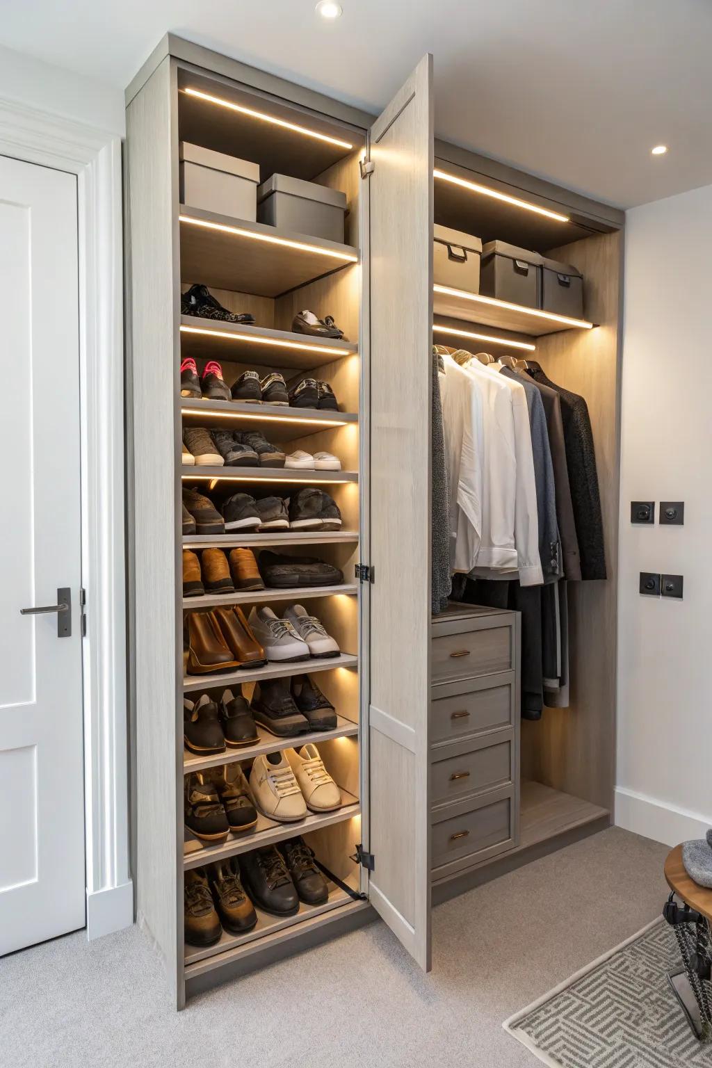 Integrated shoe storage keeps footwear organized and accessible.