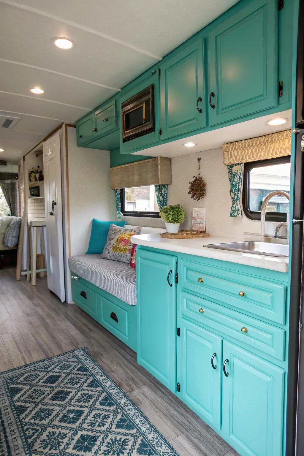 Teal cabinets bring a retro vibe.