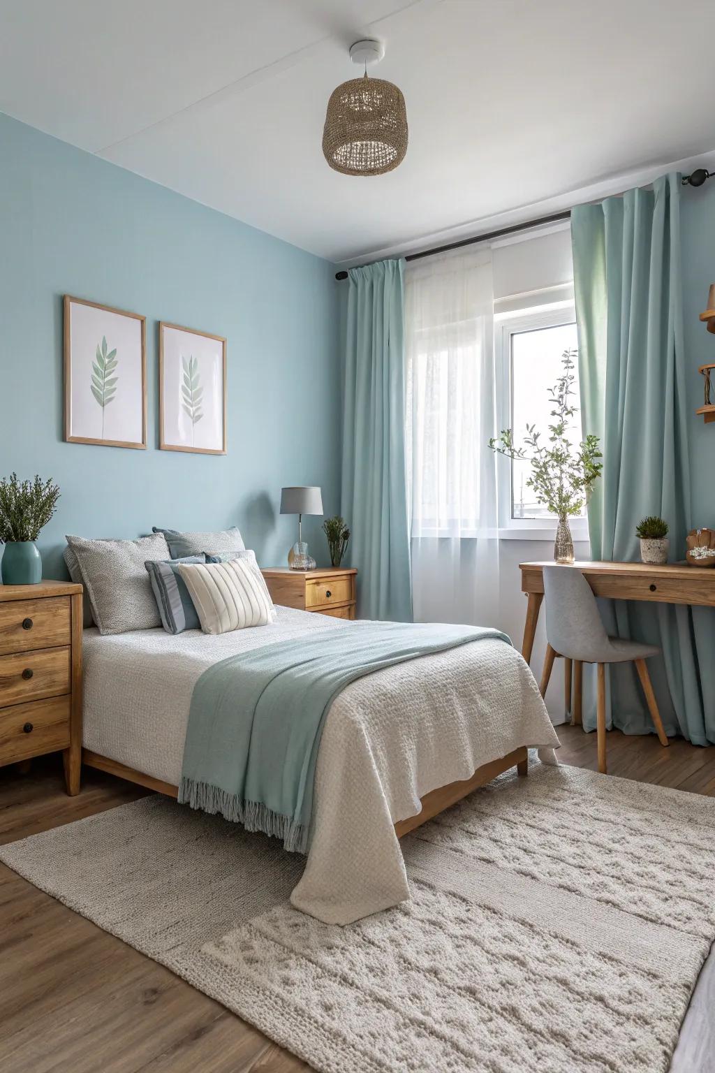 Ice blue walls design a fresh and soothing ambiance.