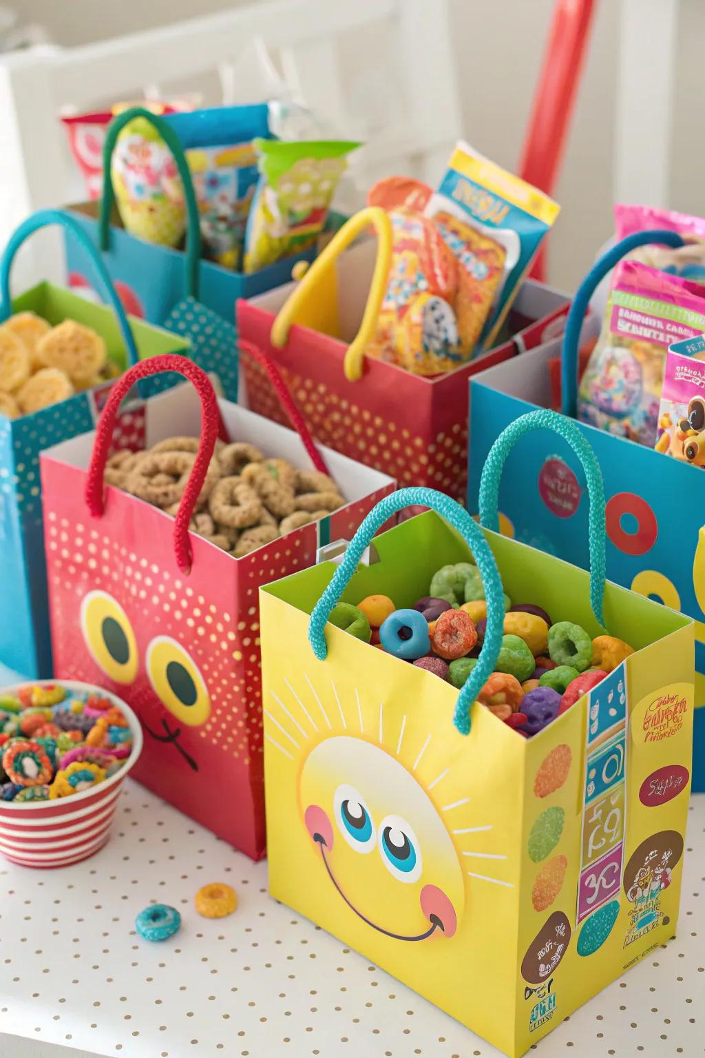 Vibrant gratitude pouches filled with grains-themed treats and toys.