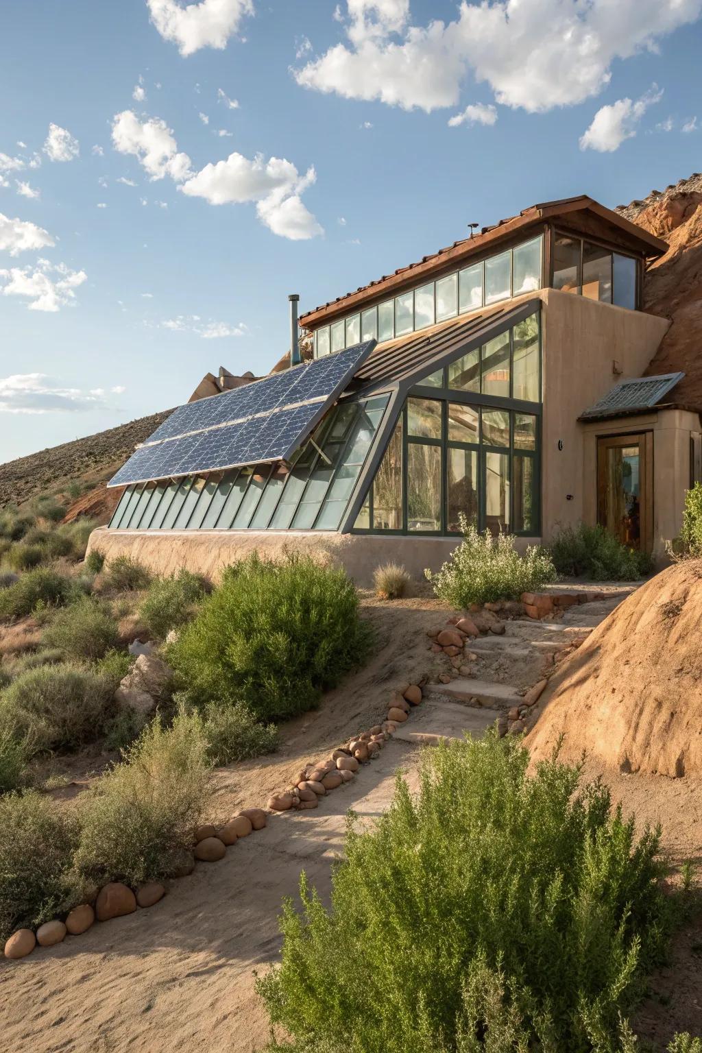 Inventive earth shelter residence promoting self-sufficiency and sustainability.