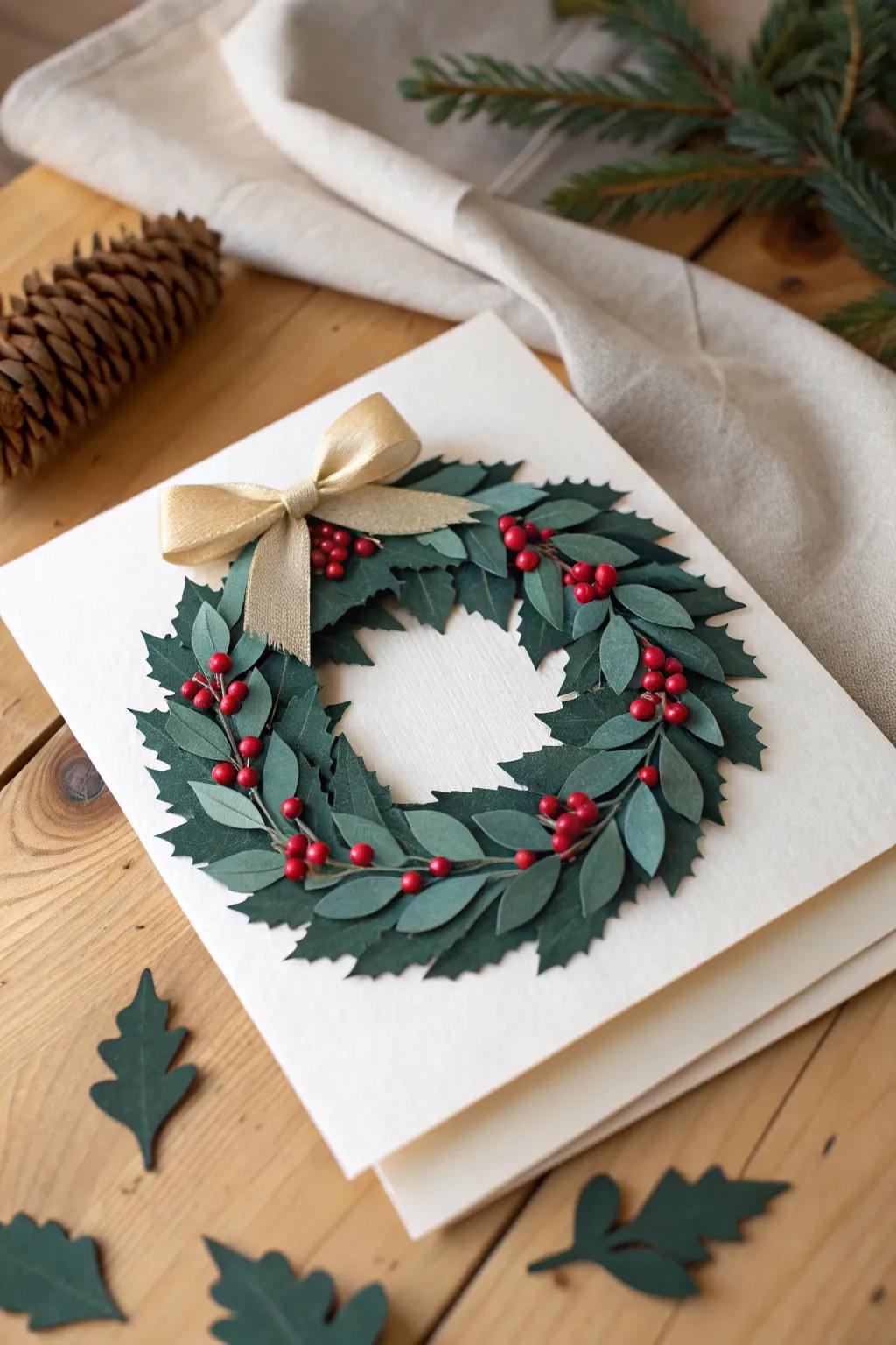 Embrace the beauty of simplicity with a handcrafted paper wreath card, ideally suited for a minimalist yet festive holiday greeting.