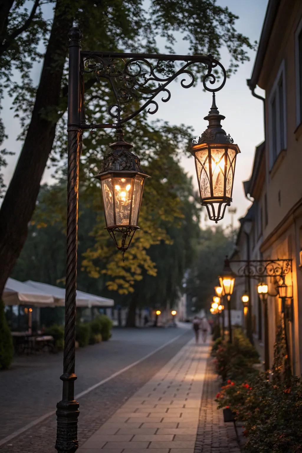 Vintage lanterns add enduring charm to a festive lamp post.