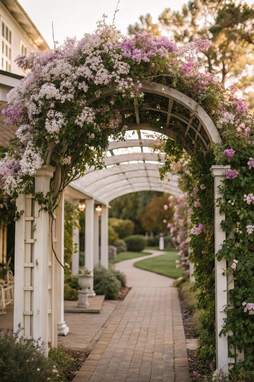 An arched gateway trellis extends a welcoming feature with clematis.