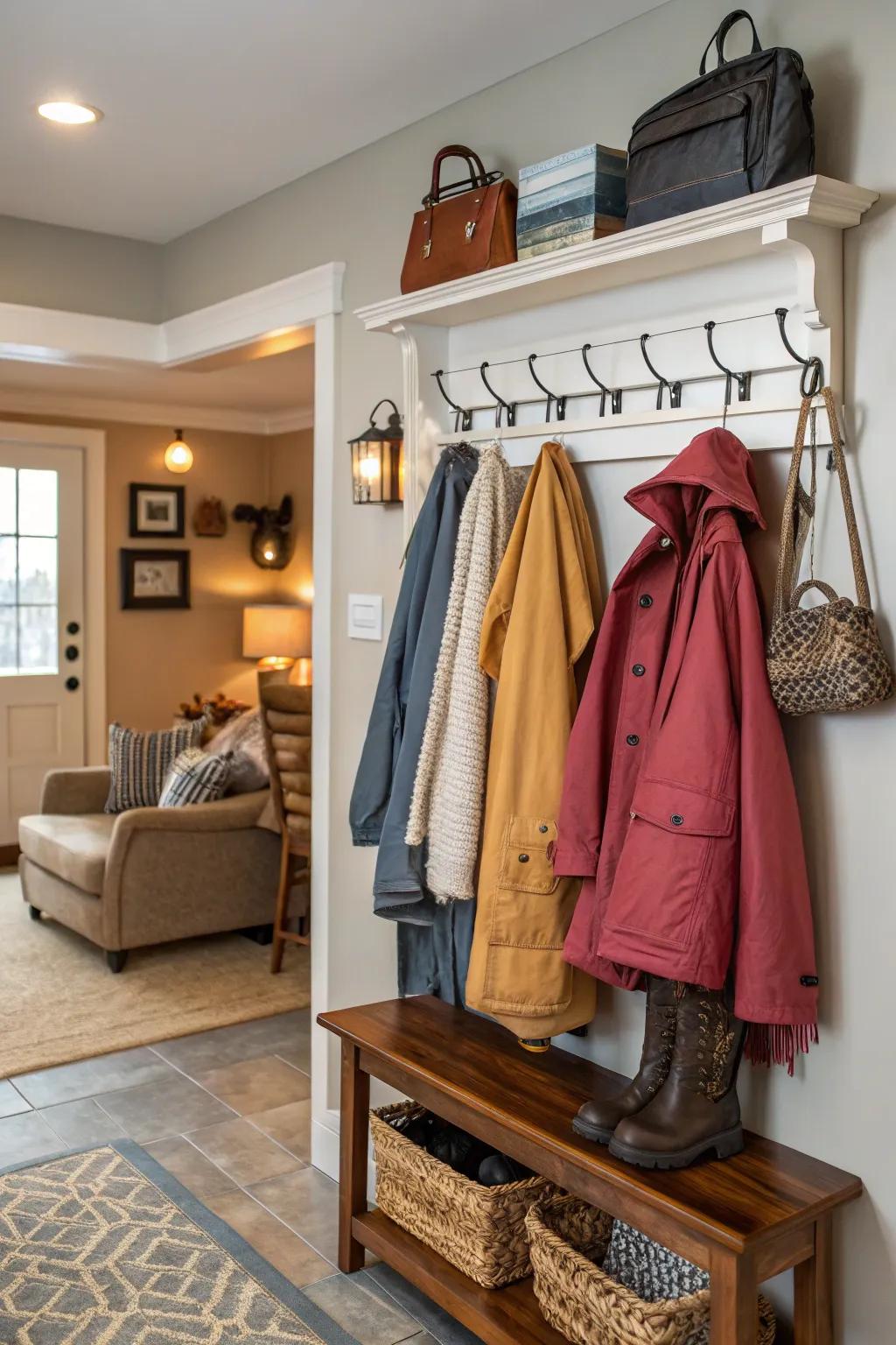 This space is both functional and personalized, created by mixing storage solutions.