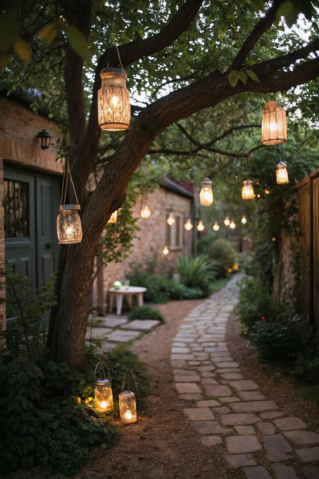 Personalized bottle lanterns add a personal touch to the patio.