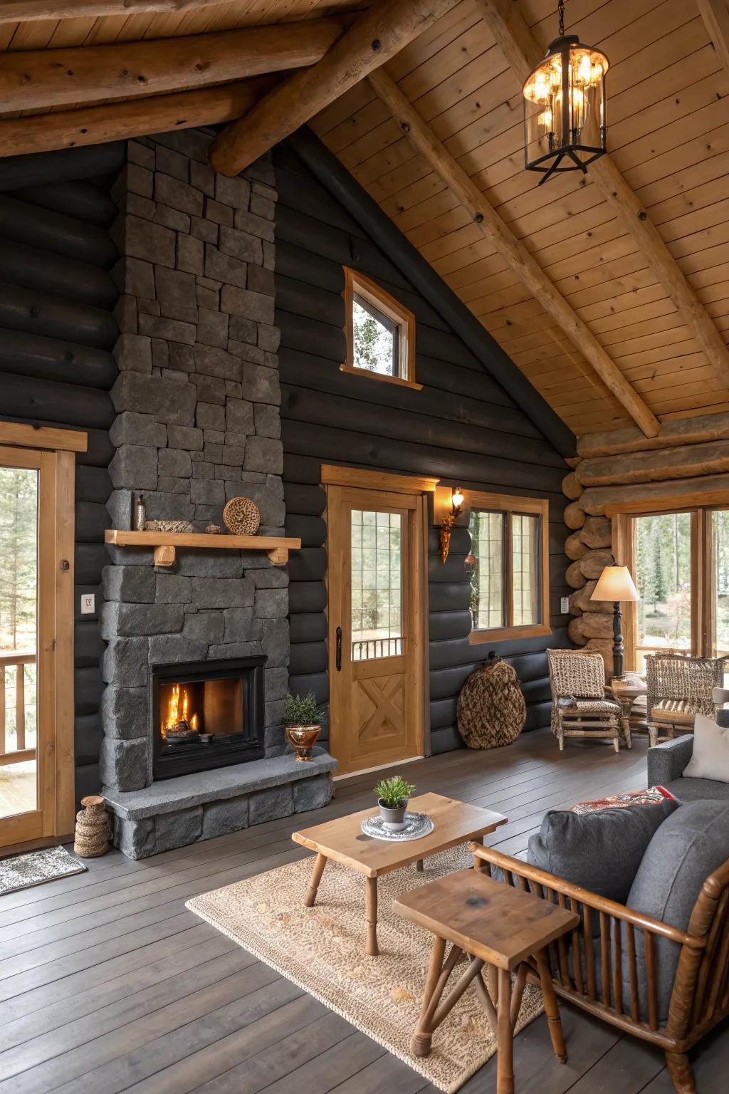 Smokey charcoal walls add depth and intrigue to the cabin's interior, creating a dramatic and inviting atmosphere.